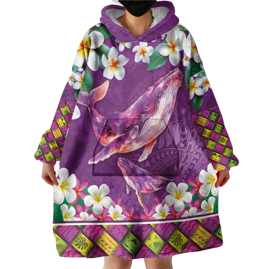 Hawaiian Plumeria and Humpback Whales Wearable Blanket Hoodie Polynerian Art Tattoo-Mauve Color LT03 - Polynesian Pride