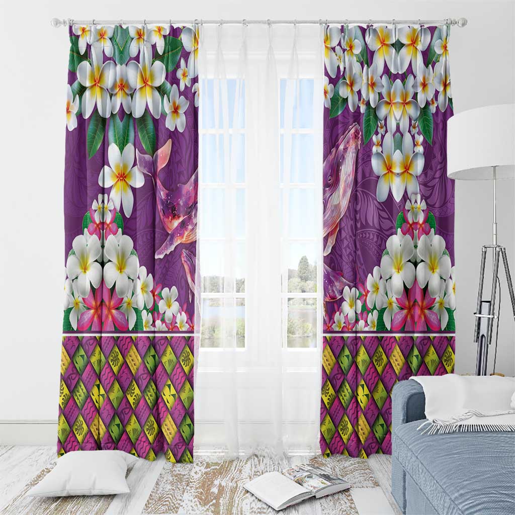 Hawaiian Plumeria and Humpback Whales Window Curtain Polynerian Art Tattoo-Mauve Color