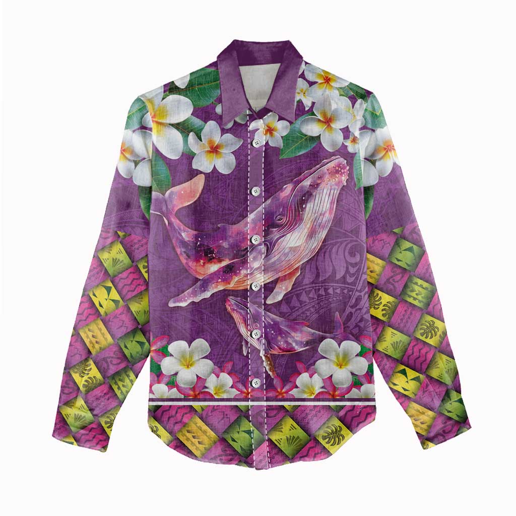 Hawaiian Plumeria and Humpback Whales Women Casual Shirt Polynerian Art Tattoo-Mauve Color LT03 - Polynesian Pride
