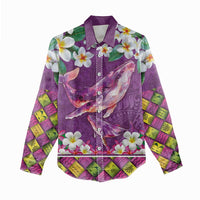 Hawaiian Plumeria and Humpback Whales Women Casual Shirt Polynerian Art Tattoo-Mauve Color LT03 - Polynesian Pride