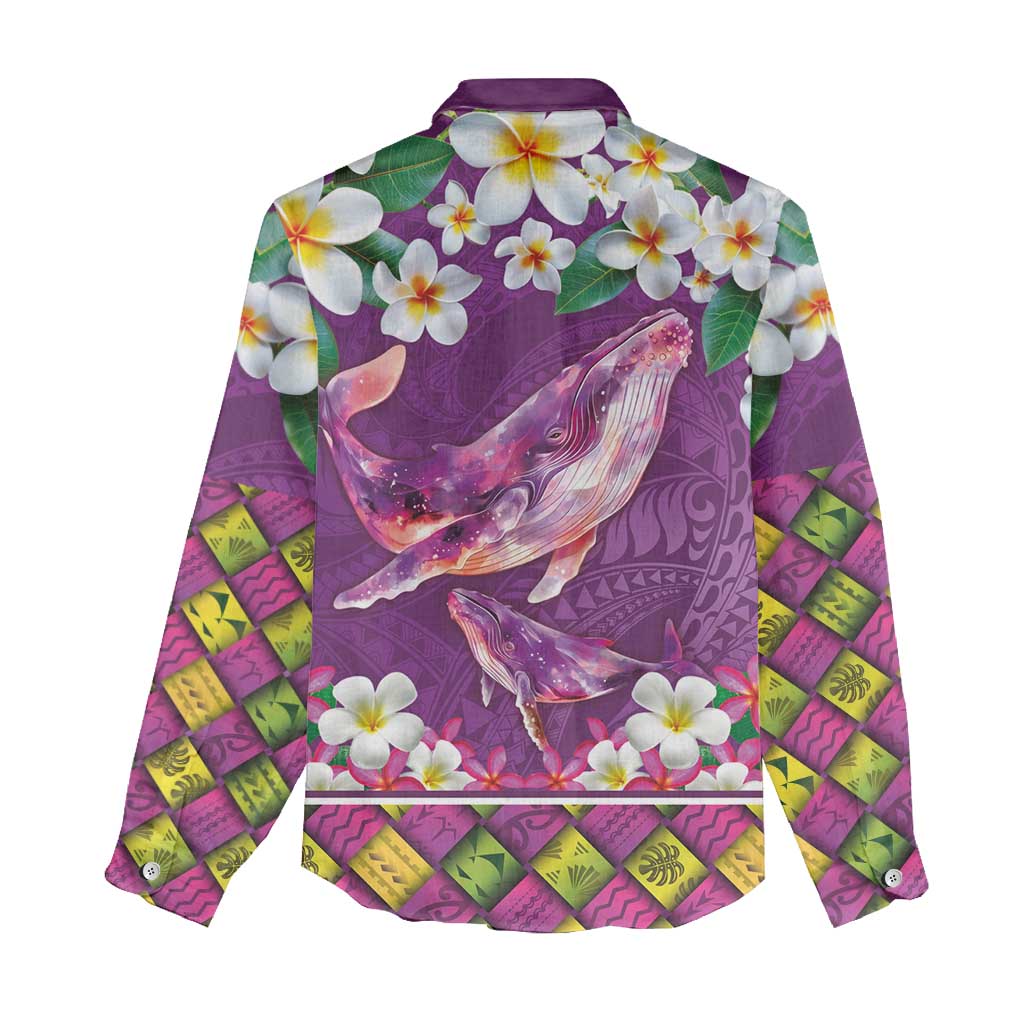 Hawaiian Plumeria and Humpback Whales Women Casual Shirt Polynerian Art Tattoo-Mauve Color LT03 - Polynesian Pride