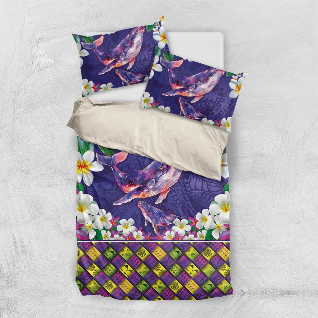 Hawaiian Plumeria and Humpback Whales Bedding Set Polynerian Art Tattoo-Navy Color