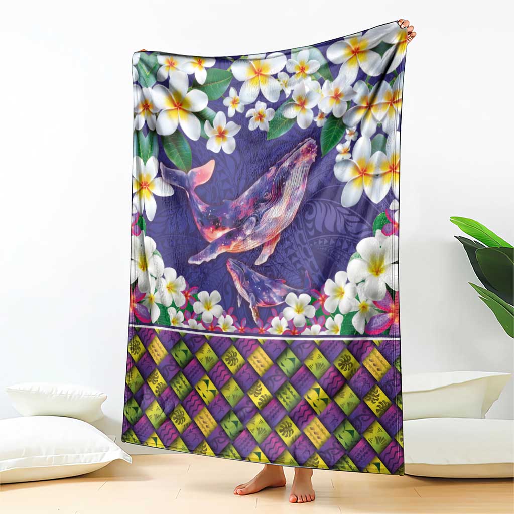 Hawaiian Plumeria and Humpback Whales Blanket Polynerian Art Tattoo-Navy Color