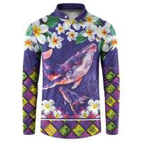Hawaiian Plumeria and Humpback Whales Button Sweatshirt Polynerian Art Tattoo-Navy Color