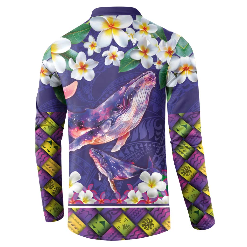 Hawaiian Plumeria and Humpback Whales Button Sweatshirt Polynerian Art Tattoo-Navy Color