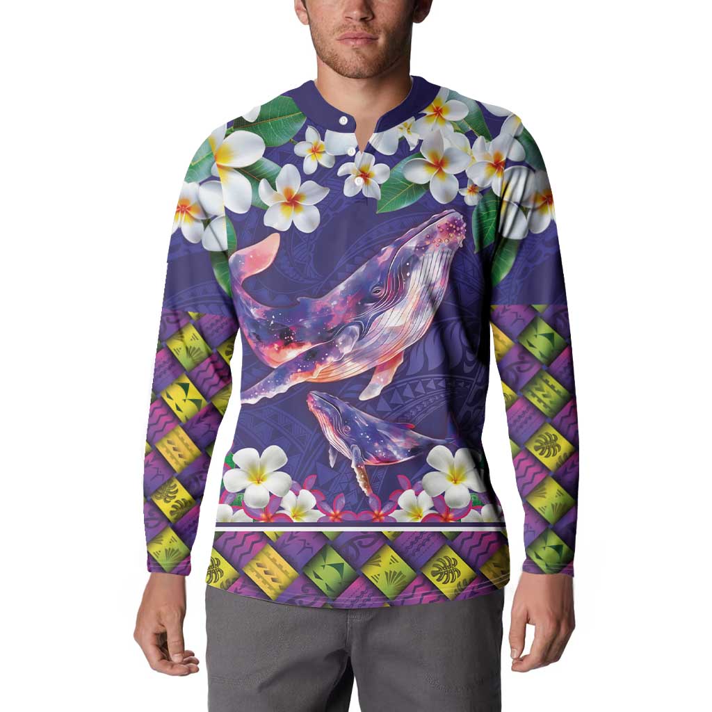 Hawaiian Plumeria and Humpback Whales Button Sweatshirt Polynerian Art Tattoo-Navy Color