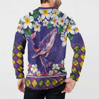 Hawaiian Plumeria and Humpback Whales Button Sweatshirt Polynerian Art Tattoo-Navy Color