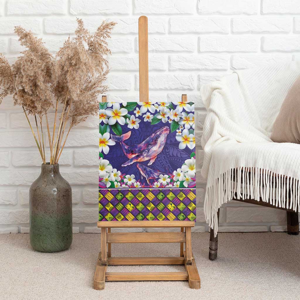 Hawaiian Plumeria and Humpback Whales Canvas Wall Art Polynerian Art Tattoo-Navy Color