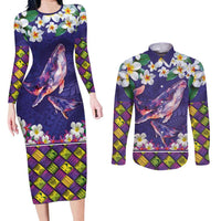 Hawaiian Plumeria and Humpback Whales Couples Matching Long Sleeve Bodycon Dress and Long Sleeve Button Shirt Polynerian Art Tattoo-Navy Color LT03 Navy - Polynesian Pride