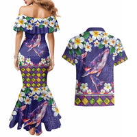 Hawaiian Plumeria and Humpback Whales Couples Matching Mermaid Dress and Hawaiian Shirt Polynerian Art Tattoo-Navy Color LT03 - Polynesian Pride
