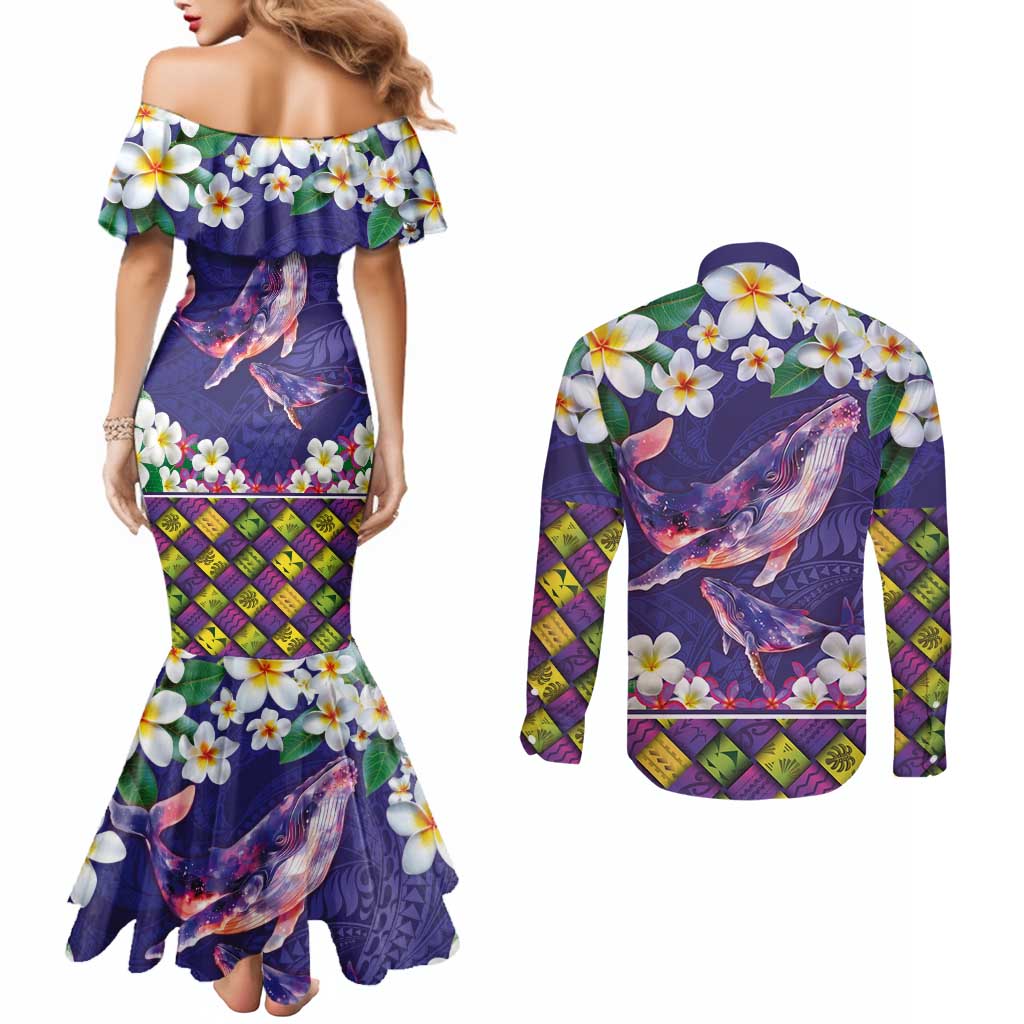 Hawaiian Plumeria and Humpback Whales Couples Matching Mermaid Dress and Long Sleeve Button Shirt Polynerian Art Tattoo-Navy Color LT03 - Polynesian Pride