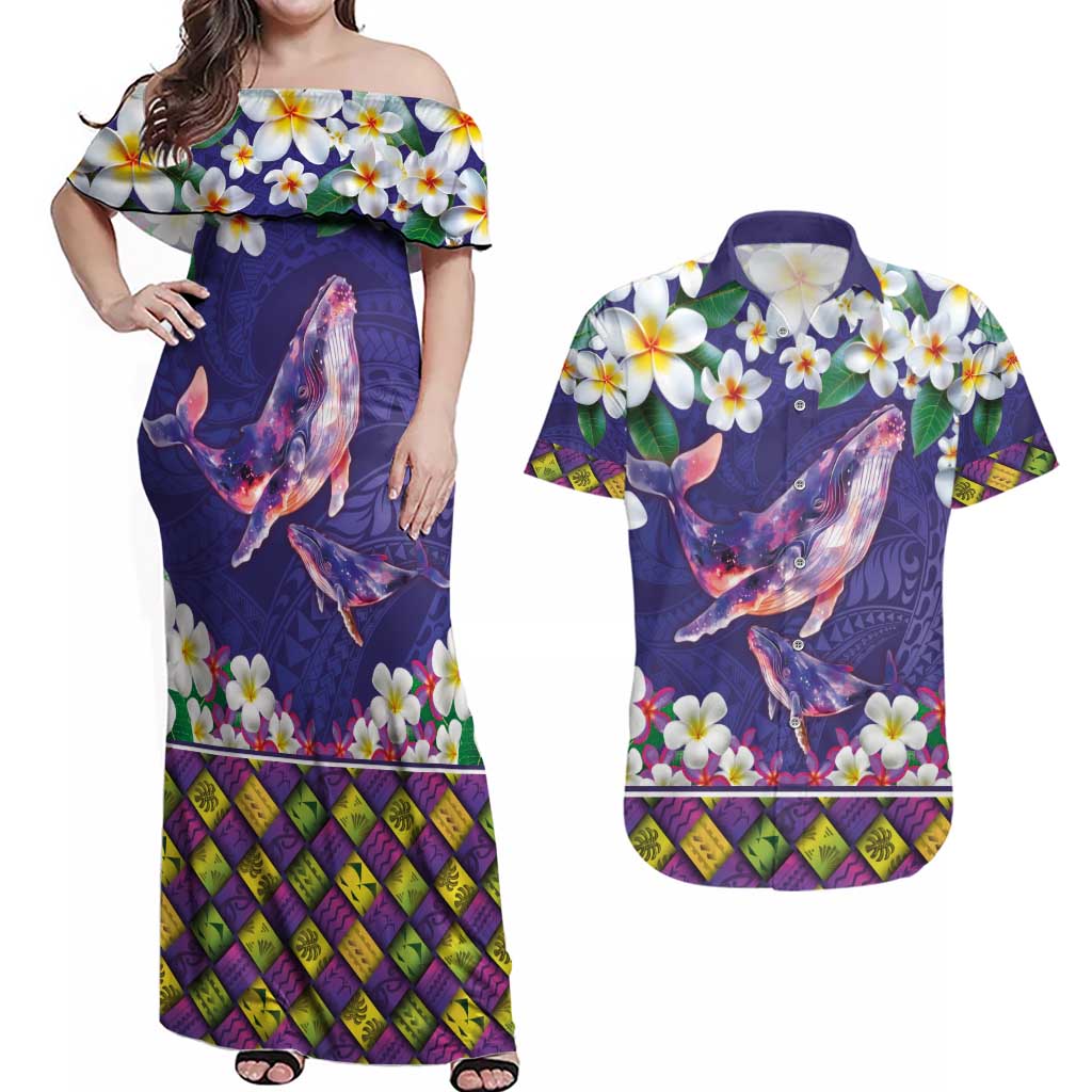 Hawaiian Plumeria and Humpback Whales Couples Matching Off Shoulder Maxi Dress and Hawaiian Shirt Polynerian Art Tattoo-Navy Color LT03 Navy - Polynesian Pride