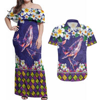 Hawaiian Plumeria and Humpback Whales Couples Matching Off Shoulder Maxi Dress and Hawaiian Shirt Polynerian Art Tattoo-Navy Color LT03 Navy - Polynesian Pride