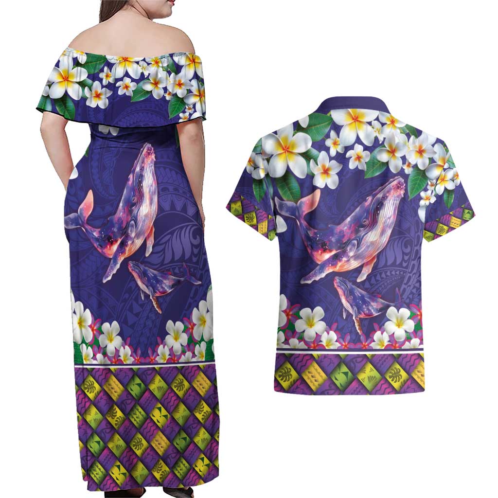 Hawaiian Plumeria and Humpback Whales Couples Matching Off Shoulder Maxi Dress and Hawaiian Shirt Polynerian Art Tattoo-Navy Color LT03 - Polynesian Pride