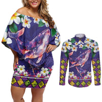 Hawaiian Plumeria and Humpback Whales Couples Matching Off Shoulder Short Dress and Long Sleeve Button Shirt Polynerian Art Tattoo-Navy Color LT03 Navy - Polynesian Pride