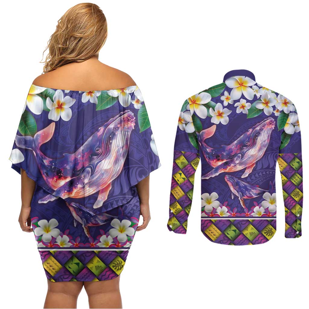 Hawaiian Plumeria and Humpback Whales Couples Matching Off Shoulder Short Dress and Long Sleeve Button Shirt Polynerian Art Tattoo-Navy Color LT03 - Polynesian Pride