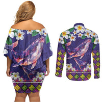 Hawaiian Plumeria and Humpback Whales Couples Matching Off Shoulder Short Dress and Long Sleeve Button Shirt Polynerian Art Tattoo-Navy Color LT03 - Polynesian Pride