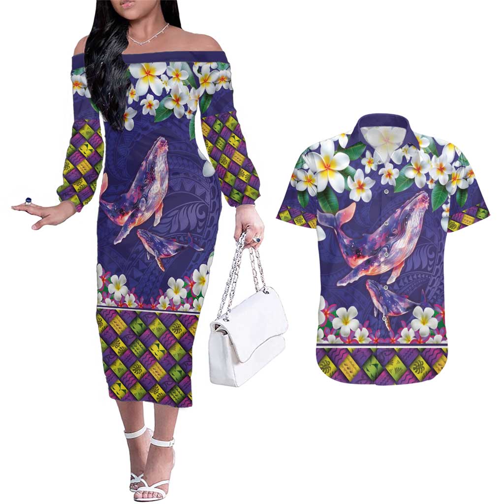 Hawaiian Plumeria and Humpback Whales Couples Matching Off The Shoulder Long Sleeve Dress and Hawaiian Shirt Polynerian Art Tattoo-Navy Color LT03 Navy - Polynesian Pride