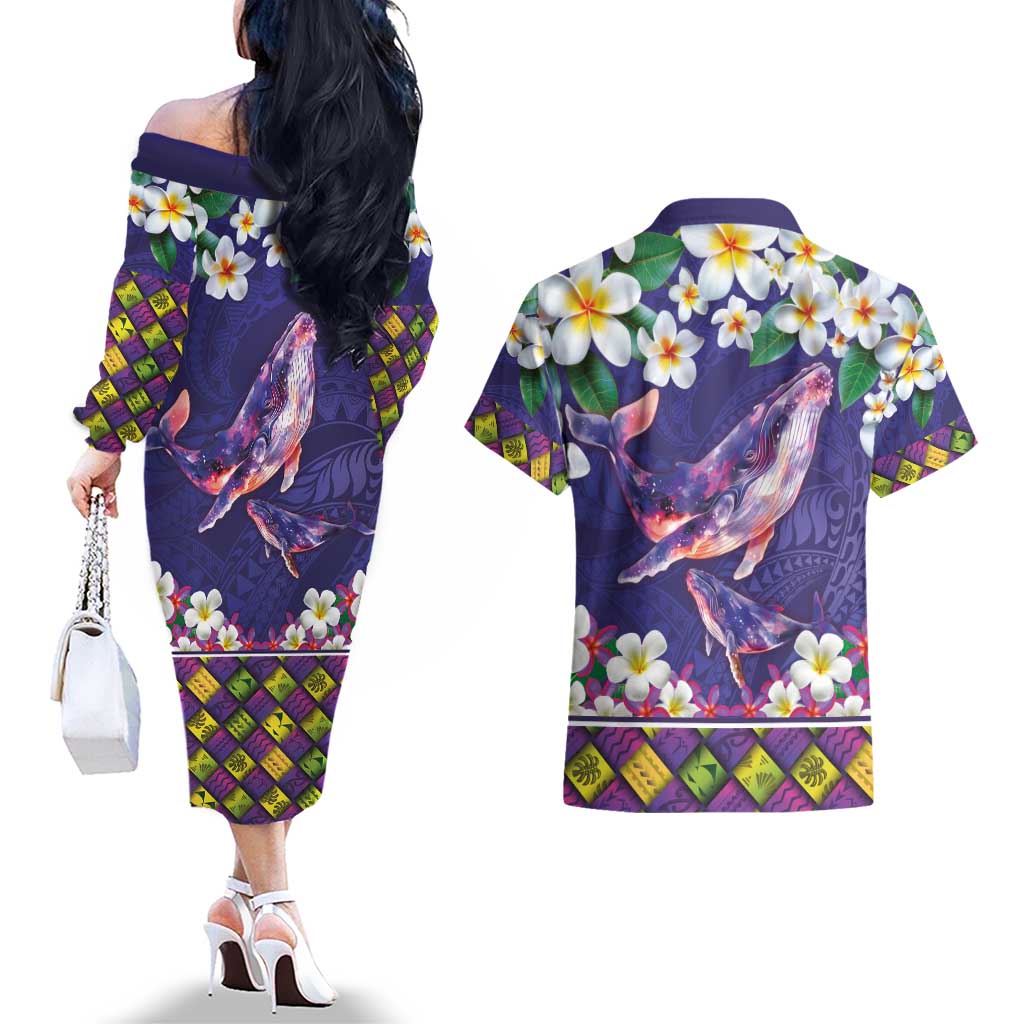 Hawaiian Plumeria and Humpback Whales Couples Matching Off The Shoulder Long Sleeve Dress and Hawaiian Shirt Polynerian Art Tattoo-Navy Color LT03 - Polynesian Pride