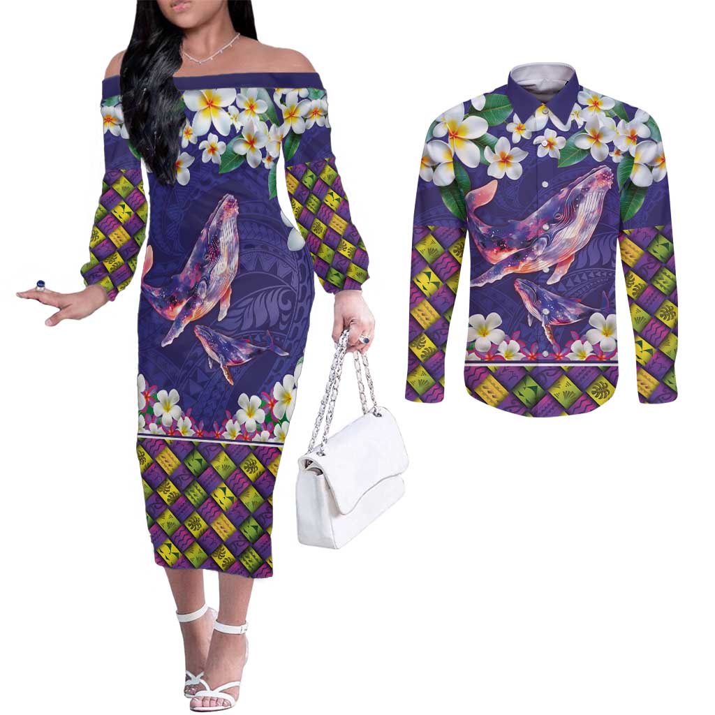 Hawaiian Plumeria and Humpback Whales Couples Matching Off The Shoulder Long Sleeve Dress and Long Sleeve Button Shirt Polynerian Art Tattoo-Navy Color LT03 Navy - Polynesian Pride