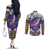 Hawaiian Plumeria and Humpback Whales Couples Matching Off The Shoulder Long Sleeve Dress and Long Sleeve Button Shirt Polynerian Art Tattoo-Navy Color LT03 - Polynesian Pride