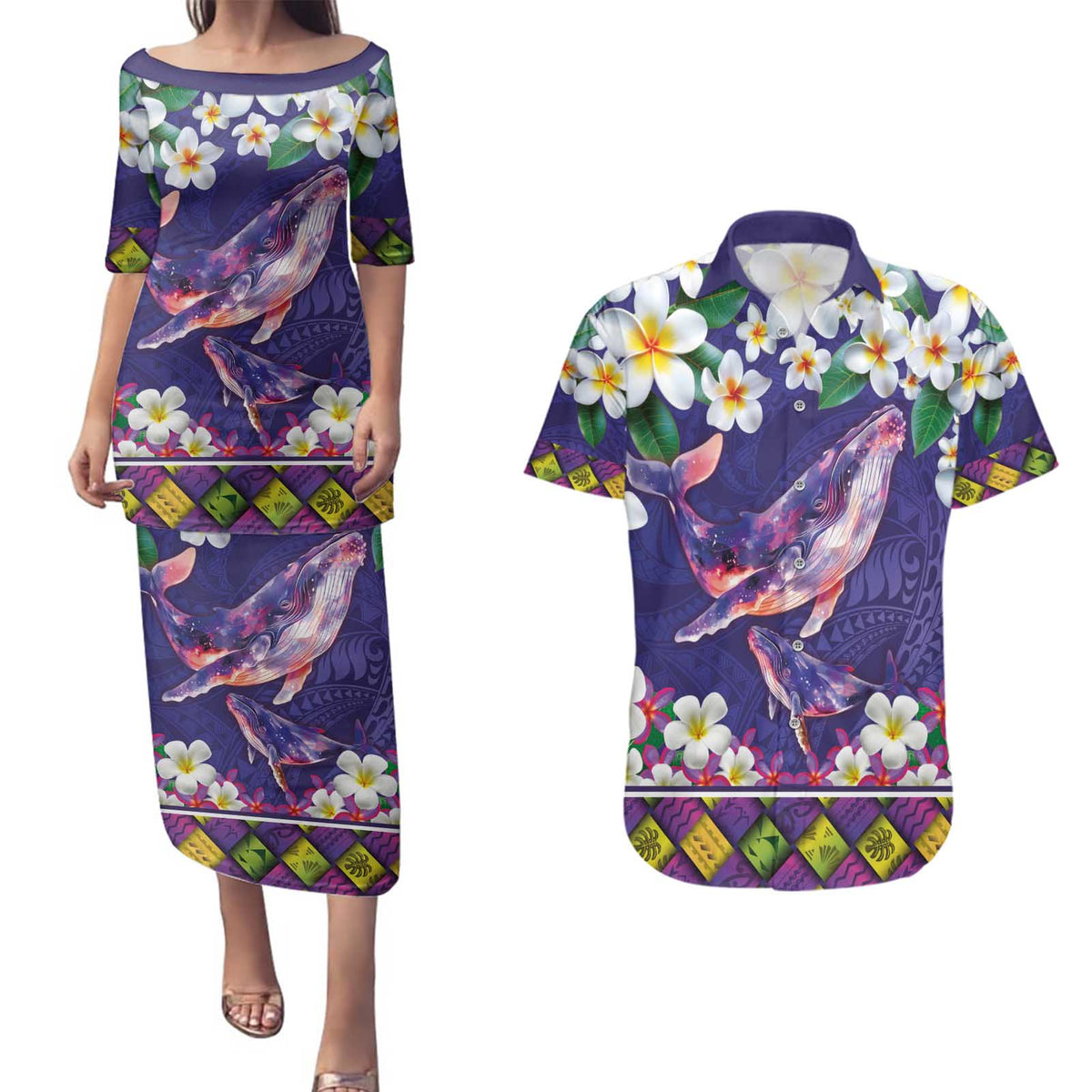 Hawaiian Plumeria and Humpback Whales Couples Matching Puletasi and Hawaiian Shirt Polynerian Art Tattoo-Navy Color LT03 Navy - Polynesian Pride