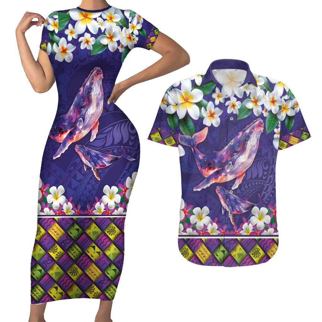 Hawaiian Plumeria and Humpback Whales Couples Matching Short Sleeve Bodycon Dress and Hawaiian Shirt Polynerian Art Tattoo-Navy Color LT03 Navy - Polynesian Pride