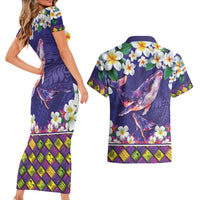 Hawaiian Plumeria and Humpback Whales Couples Matching Short Sleeve Bodycon Dress and Hawaiian Shirt Polynerian Art Tattoo-Navy Color LT03 - Polynesian Pride