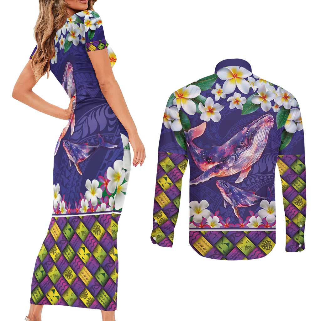 Hawaiian Plumeria and Humpback Whales Couples Matching Short Sleeve Bodycon Dress and Long Sleeve Button Shirt Polynerian Art Tattoo-Navy Color LT03 - Polynesian Pride