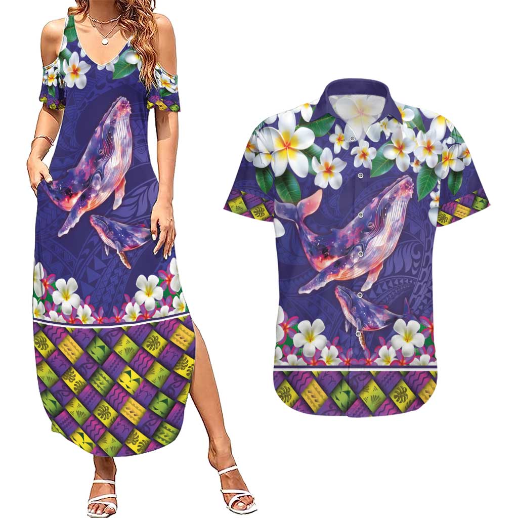 Hawaiian Plumeria and Humpback Whales Couples Matching Summer Maxi Dress and Hawaiian Shirt Polynerian Art Tattoo-Navy Color LT03 Navy - Polynesian Pride