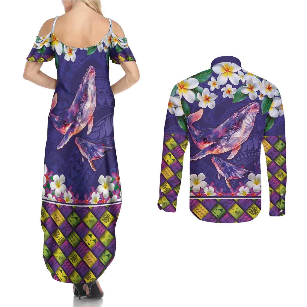 Hawaiian Plumeria and Humpback Whales Couples Matching Summer Maxi Dress and Long Sleeve Button Shirt Polynerian Art Tattoo-Navy Color LT03 - Polynesian Pride