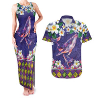 Hawaiian Plumeria and Humpback Whales Couples Matching Tank Maxi Dress and Hawaiian Shirt Polynerian Art Tattoo-Navy Color LT03 Navy - Polynesian Pride