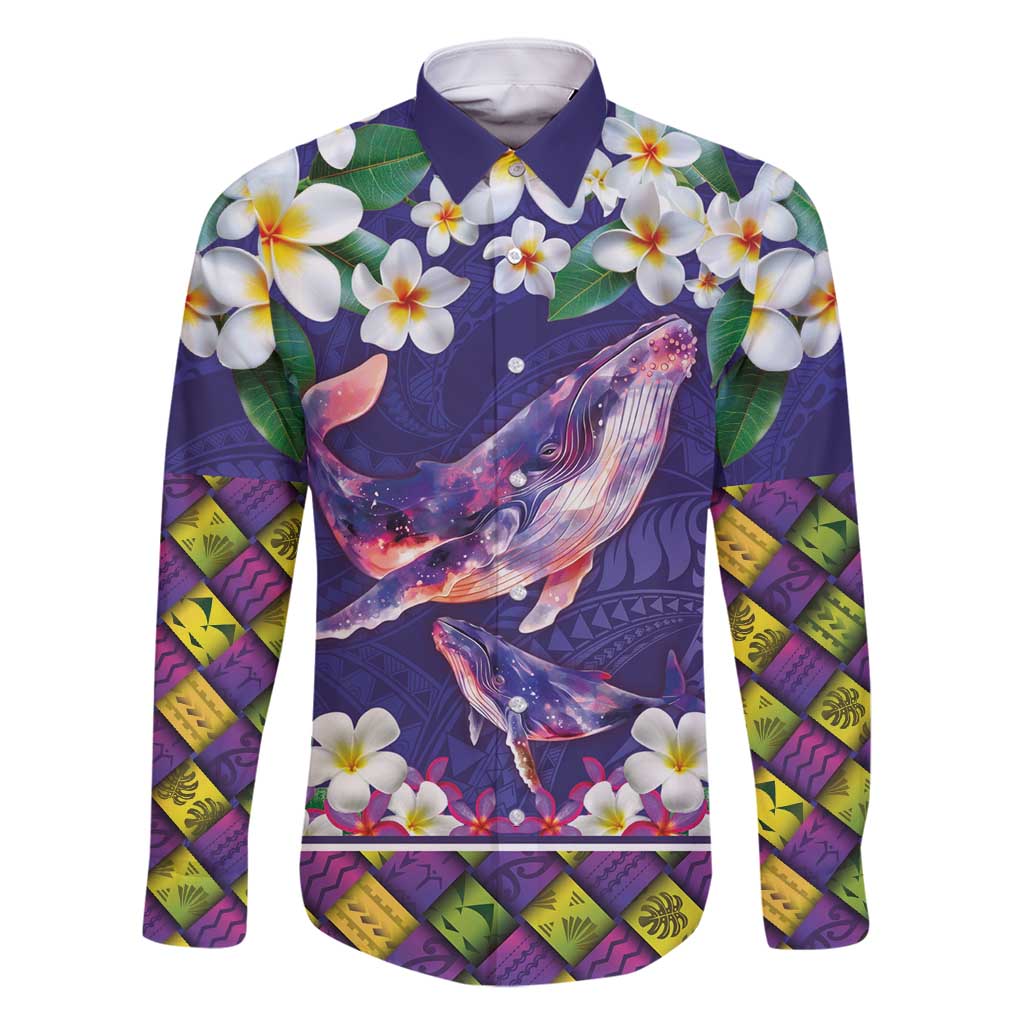 Hawaiian Plumeria and Humpback Whales Family Matching Long Sleeve Bodycon Dress and Hawaiian Shirt Polynerian Art Tattoo-Navy Color LT03 Dad's Shirt - Long Sleeve Navy - Polynesian Pride