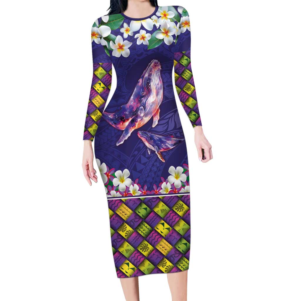 Hawaiian Plumeria and Humpback Whales Family Matching Long Sleeve Bodycon Dress and Hawaiian Shirt Polynerian Art Tattoo-Navy Color LT03 Mom's Dress Navy - Polynesian Pride