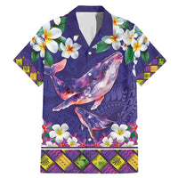 Hawaiian Plumeria and Humpback Whales Family Matching Mermaid Dress and Hawaiian Shirt Polynerian Art Tattoo-Navy Color LT03 Dad's Shirt - Short Sleeve Navy - Polynesian Pride