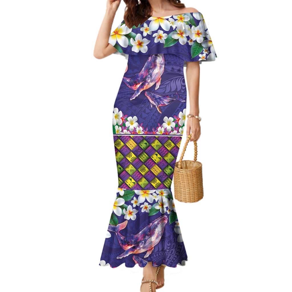 Hawaiian Plumeria and Humpback Whales Family Matching Mermaid Dress and Hawaiian Shirt Polynerian Art Tattoo-Navy Color LT03 Mom's Dress Navy - Polynesian Pride
