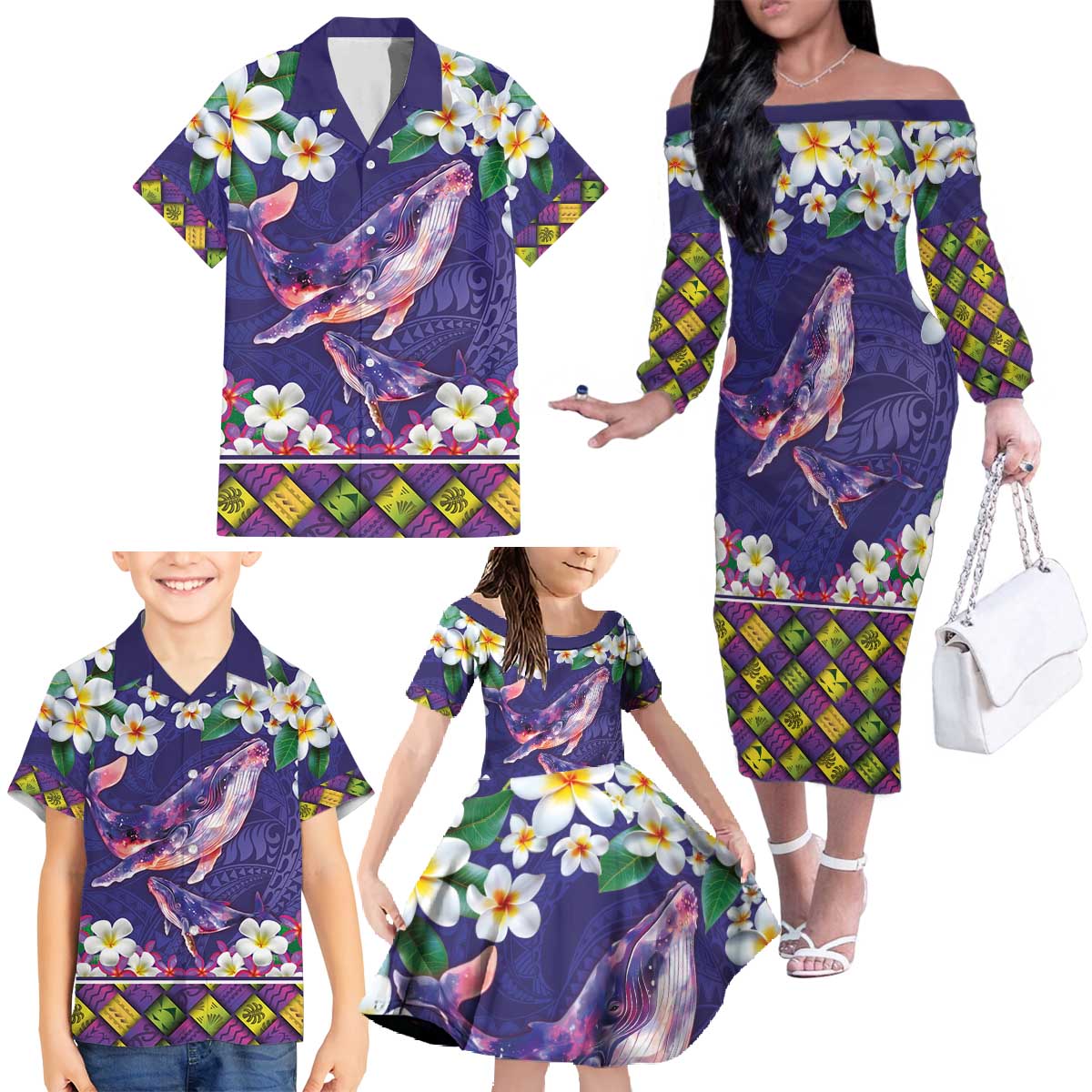Hawaiian Plumeria and Humpback Whales Family Matching Off The Shoulder Long Sleeve Dress and Hawaiian Shirt Polynerian Art Tattoo-Navy Color LT03 - Polynesian Pride