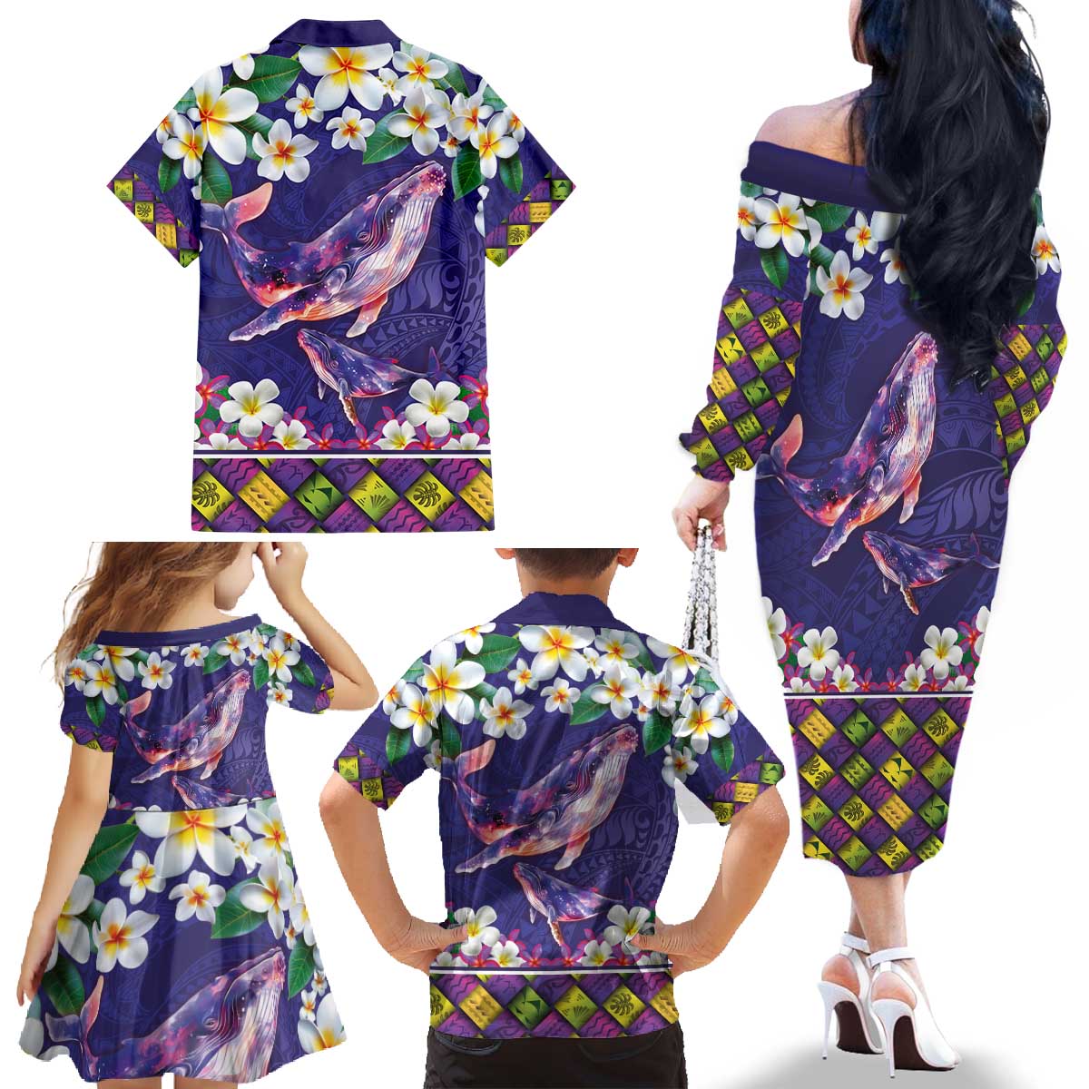 Hawaiian Plumeria and Humpback Whales Family Matching Off The Shoulder Long Sleeve Dress and Hawaiian Shirt Polynerian Art Tattoo-Navy Color LT03 - Polynesian Pride