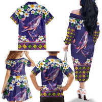 Hawaiian Plumeria and Humpback Whales Family Matching Off The Shoulder Long Sleeve Dress and Hawaiian Shirt Polynerian Art Tattoo-Navy Color LT03 - Polynesian Pride