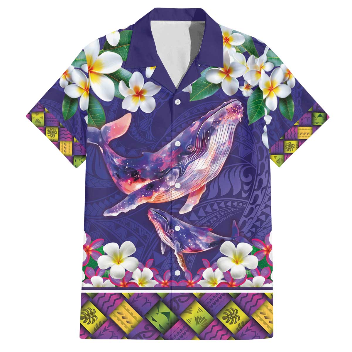 Hawaiian Plumeria and Humpback Whales Family Matching Off The Shoulder Long Sleeve Dress and Hawaiian Shirt Polynerian Art Tattoo-Navy Color LT03 Dad's Shirt - Short Sleeve Navy - Polynesian Pride
