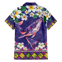 Hawaiian Plumeria and Humpback Whales Family Matching Off The Shoulder Long Sleeve Dress and Hawaiian Shirt Polynerian Art Tattoo-Navy Color LT03 - Polynesian Pride