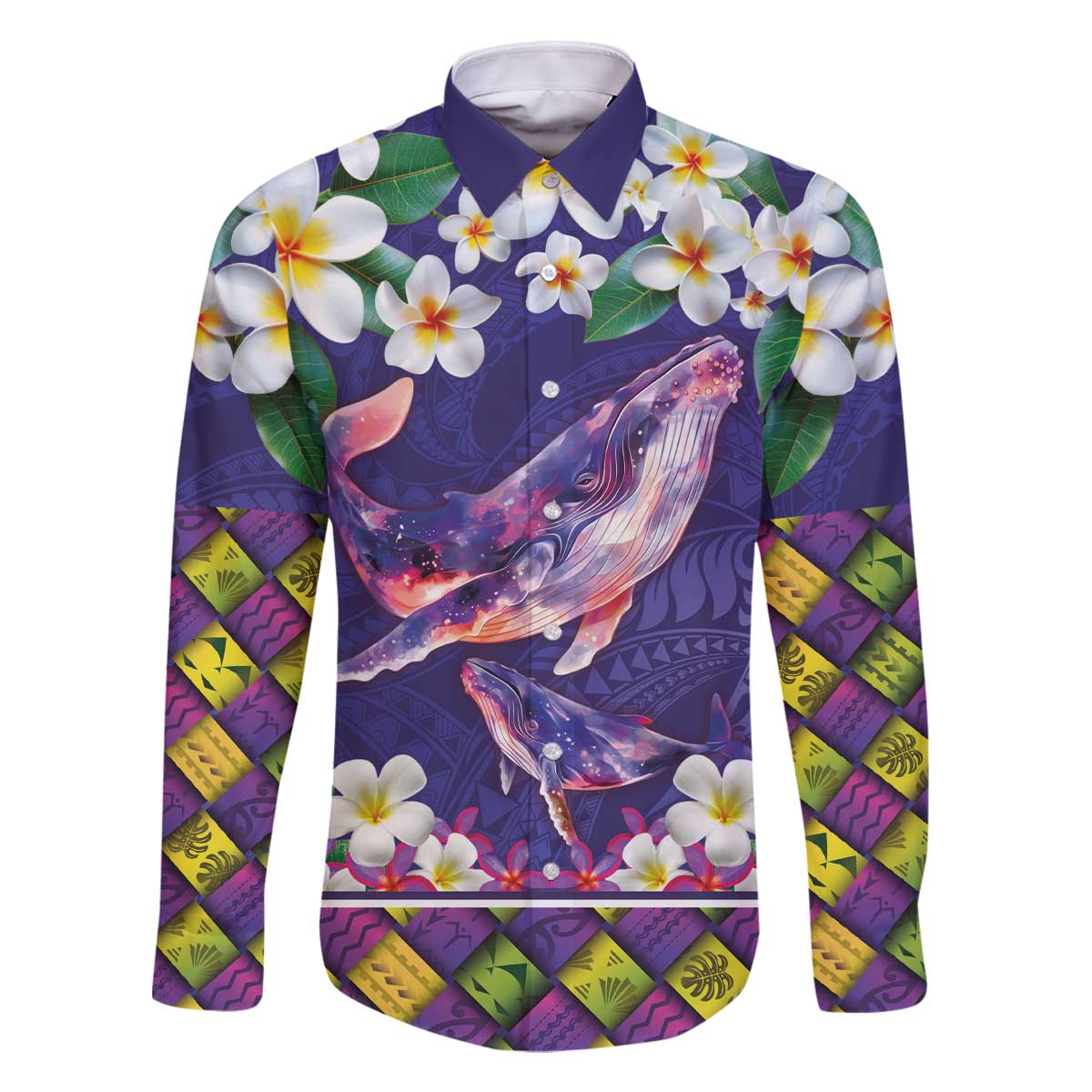 Hawaiian Plumeria and Humpback Whales Family Matching Off The Shoulder Long Sleeve Dress and Hawaiian Shirt Polynerian Art Tattoo-Navy Color LT03 Dad's Shirt - Long Sleeve Navy - Polynesian Pride