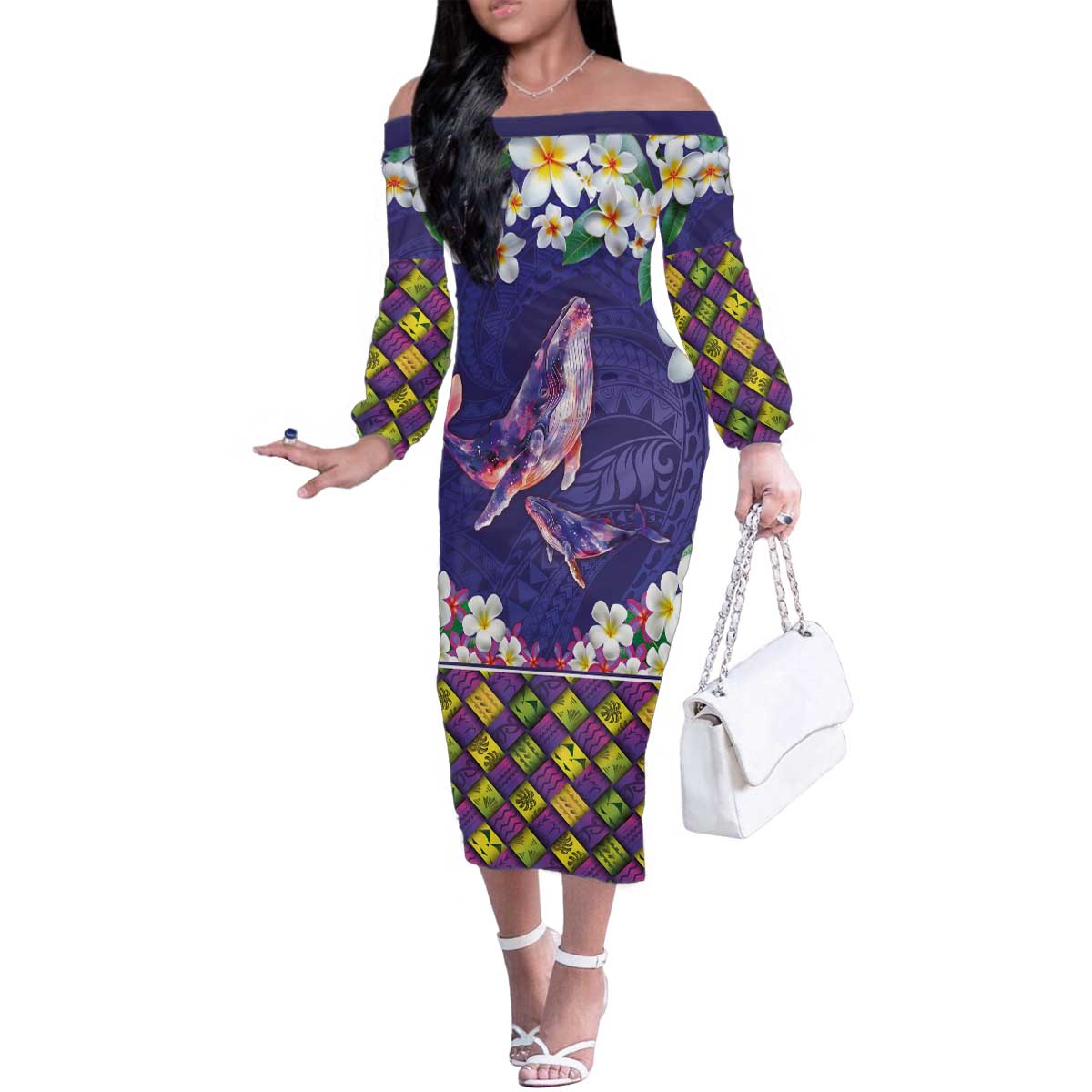Hawaiian Plumeria and Humpback Whales Family Matching Off The Shoulder Long Sleeve Dress and Hawaiian Shirt Polynerian Art Tattoo-Navy Color LT03 Mom's Dress Navy - Polynesian Pride