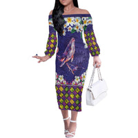 Hawaiian Plumeria and Humpback Whales Family Matching Off The Shoulder Long Sleeve Dress and Hawaiian Shirt Polynerian Art Tattoo-Navy Color LT03 Mom's Dress Navy - Polynesian Pride