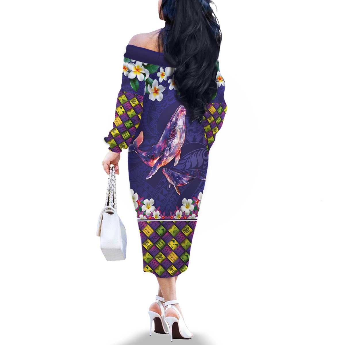 Hawaiian Plumeria and Humpback Whales Family Matching Off The Shoulder Long Sleeve Dress and Hawaiian Shirt Polynerian Art Tattoo-Navy Color LT03 - Polynesian Pride