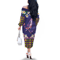 Hawaiian Plumeria and Humpback Whales Family Matching Off The Shoulder Long Sleeve Dress and Hawaiian Shirt Polynerian Art Tattoo-Navy Color LT03 - Polynesian Pride
