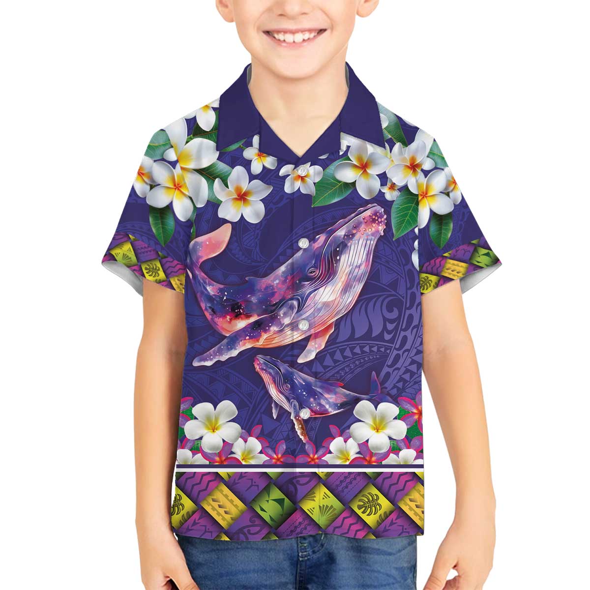 Hawaiian Plumeria and Humpback Whales Family Matching Off The Shoulder Long Sleeve Dress and Hawaiian Shirt Polynerian Art Tattoo-Navy Color LT03 Son's Shirt Navy - Polynesian Pride