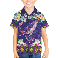 Hawaiian Plumeria and Humpback Whales Family Matching Off The Shoulder Long Sleeve Dress and Hawaiian Shirt Polynerian Art Tattoo-Navy Color LT03 Son's Shirt Navy - Polynesian Pride