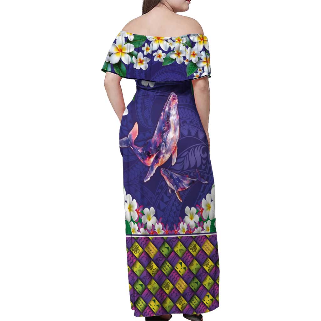 Hawaiian Plumeria and Humpback Whales Family Matching Off Shoulder Maxi Dress and Hawaiian Shirt Polynerian Art Tattoo-Navy Color LT03 - Polynesian Pride