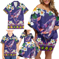 Hawaiian Plumeria and Humpback Whales Family Matching Off Shoulder Short Dress and Hawaiian Shirt Polynerian Art Tattoo-Navy Color LT03 - Polynesian Pride
